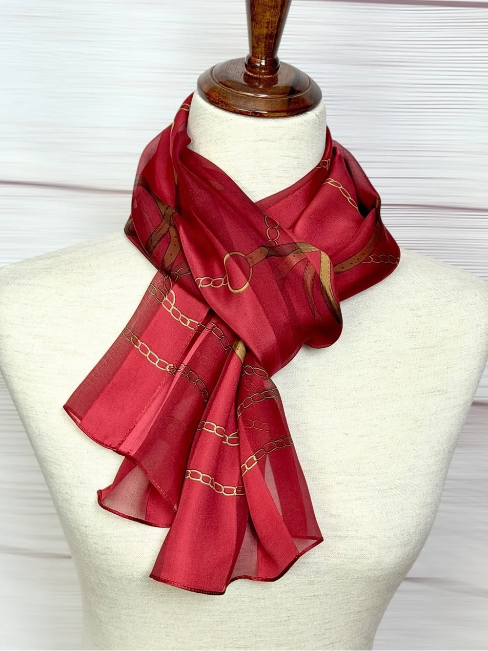 ECHO Silk Scarf Red Burgundy Equestrian Belt Chain Print Chiffon Satin